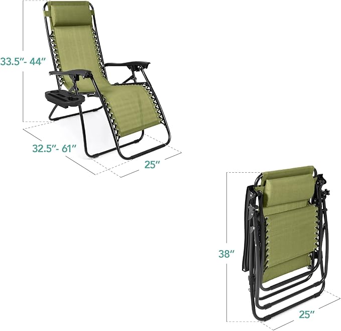 Best Choice Products Set of 2 Adjustable Steel Mesh Zero Gravity Lounge Chair Recliners w/Pillows and Cup Holder Trays - Dusty Green/Black