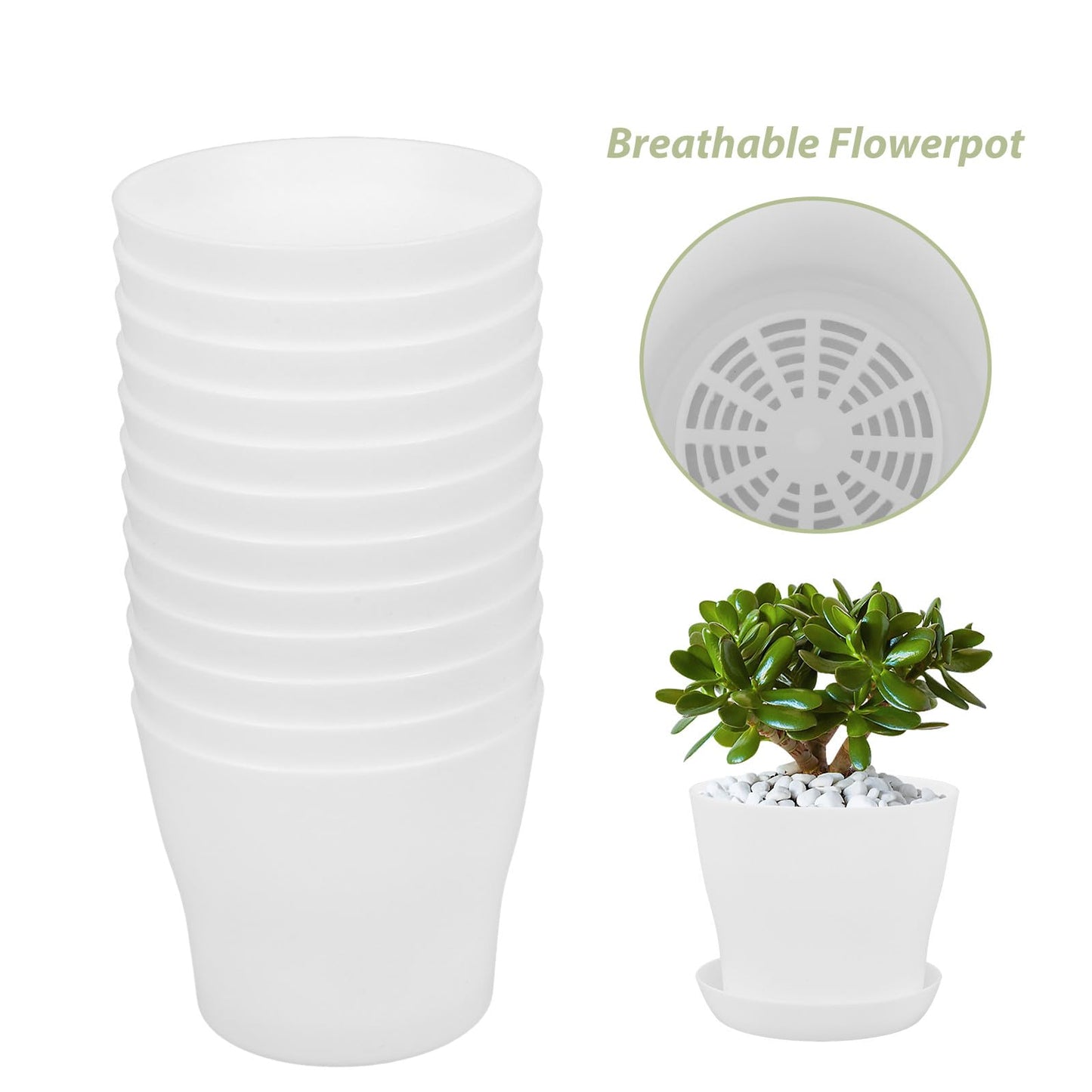 BEBEMOKO 12pcs White Small Succulent Planter Pot Set with Drainage Tray, Breathable Plastic Planting Containers for Indoor Garden and Orchid Pots