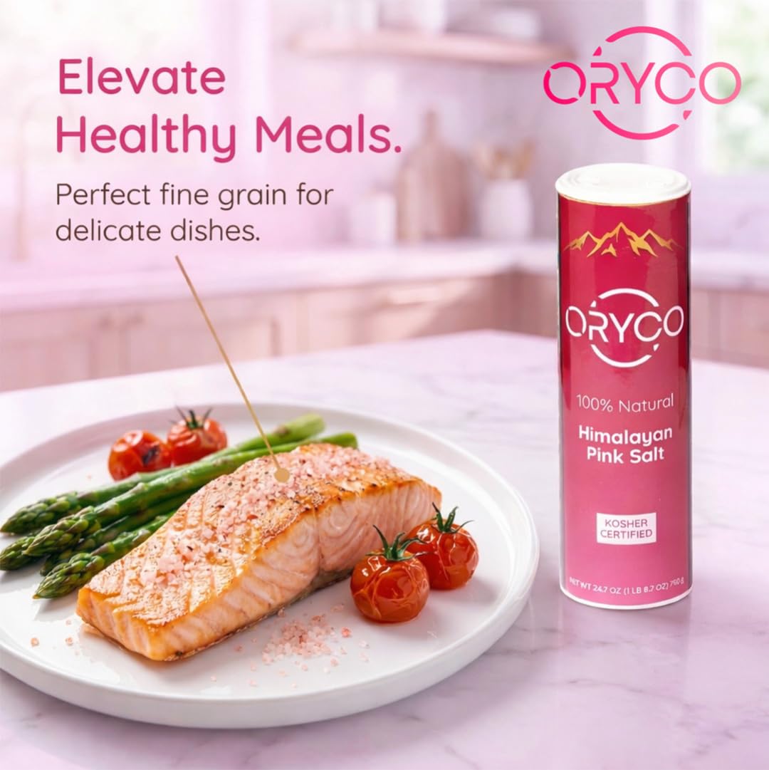 Oryco Himalayan Pink Salt Fine Grain Shaker (24.7 oz) 700g – 100% Natural, Kosher, Non-GMO, Mineral Salt, Easy Pour Shaker for Cooking, Baking, Table Seasoning, Popcorn & Everyday Kitchen Use