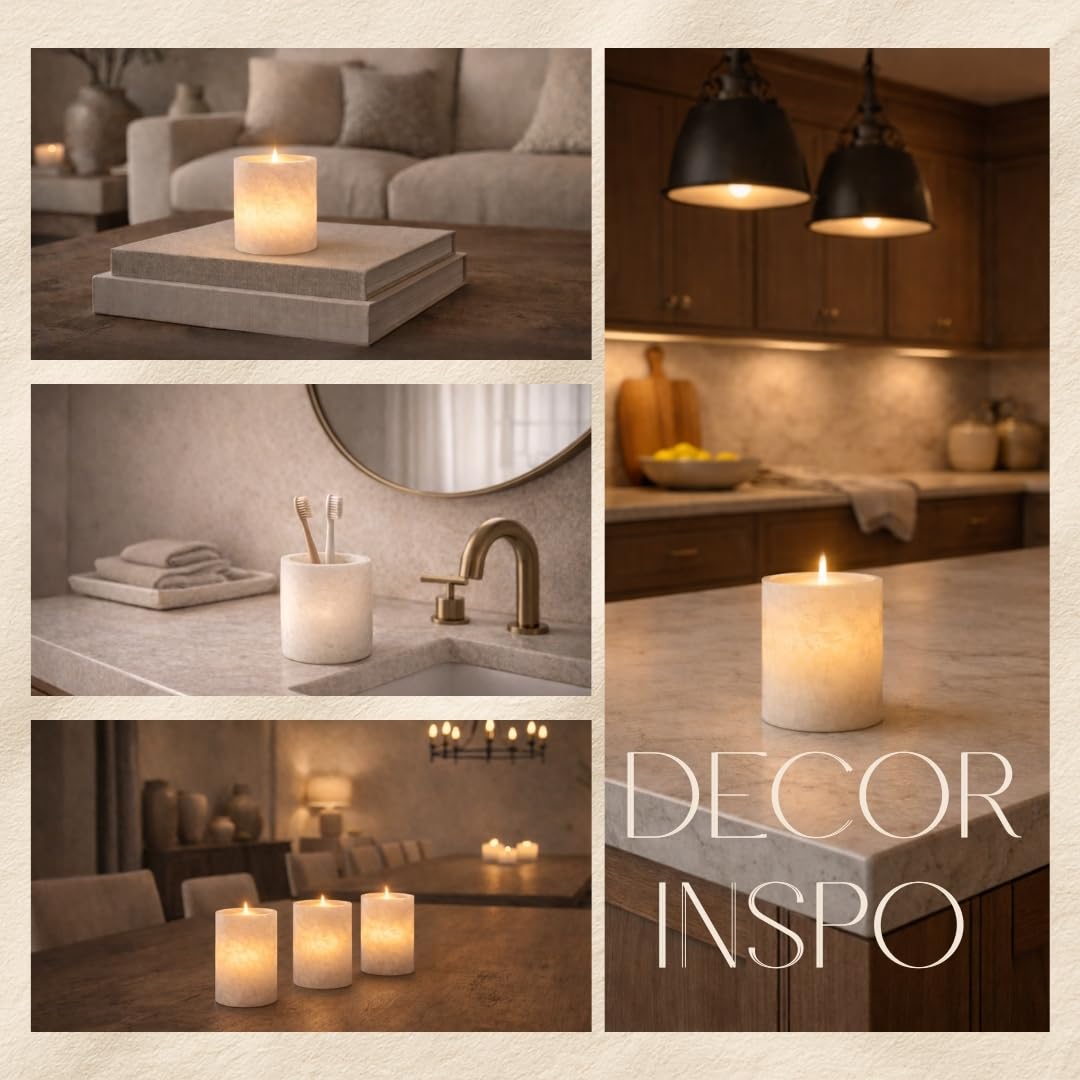 Single White Alabaster Candle Holder - Egyptian Tealight and Votive Candles Holders with Amber Glow for Home Décor - Natural Stone Soothing Tranquil
