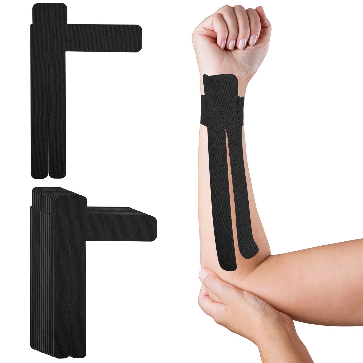 FairySandy 12 Pcs Precut Kinesiology Tape for Pain Relief Waterproof Breathable Kinesiology Athletic Tape Enhance Elastic Pre Cut Strips for Sports Joints Muscle Support (Forearm,Black)