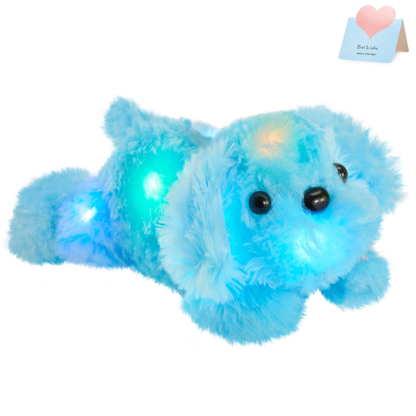 WEWILL 10'' Light up Blue Puppy Dog LED Stuffed Animal with Colorful Night Light Glow Soft Plush Toy Gifts for Kids on Christmas Birthday