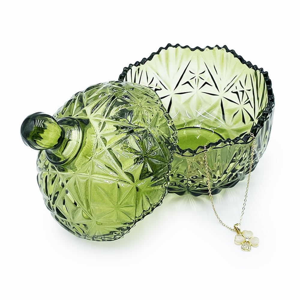 EWEIGEER Colorful Crystal Glass Candy Snack Barrel Storage Jar Embossed Luxury Cookie Buffet Canister With Lids Jewelry Box Jar Biscuit Containers(Olive Green Color)