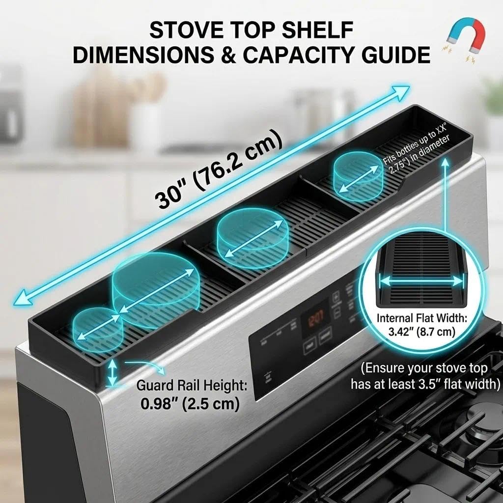 AWOKE Stove Top Shelf 30 Inch - Silicone Material Magnetic Shelf for Stove - 3 Functional Partitions Kitchen Spice Rack Organizer-Black,Kitchen Gadgets Storage Organization