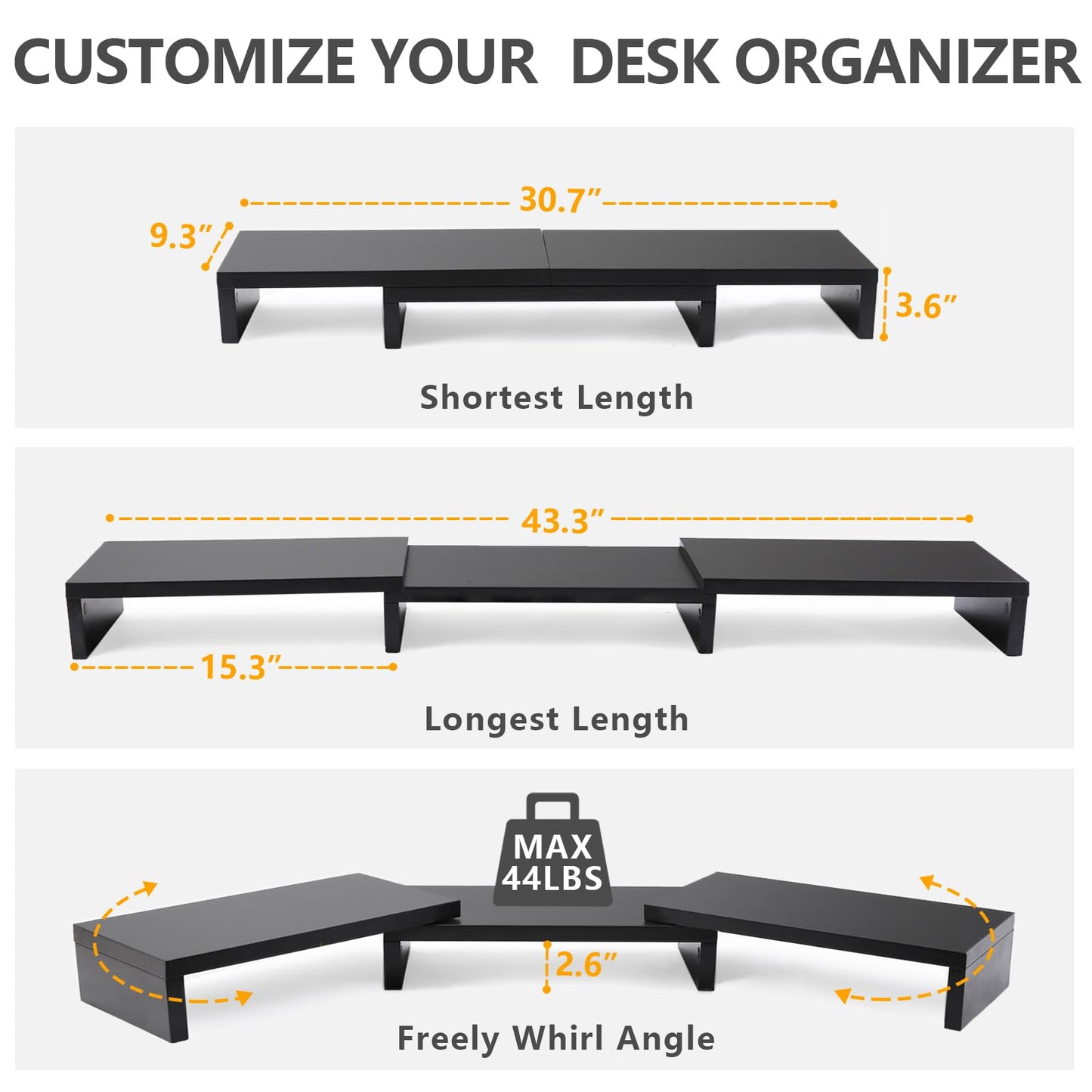 TAVR Dual Monitor Stand Riser Office Desktop Organizer Stand for 2 Monitors, Adjustable Length and Angle 3 Shelf, Extra Long Multifunctional Stand up to 43.3" fit Computer, Laptop, TV, Black
