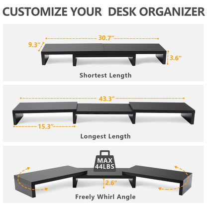 TAVR Dual Monitor Stand Riser Office Desktop Organizer Stand for 2 Monitors, Adjustable Length and Angle 3 Shelf, Extra Long Multifunctional Stand up to 43.3" fit Computer, Laptop, TV, Black
