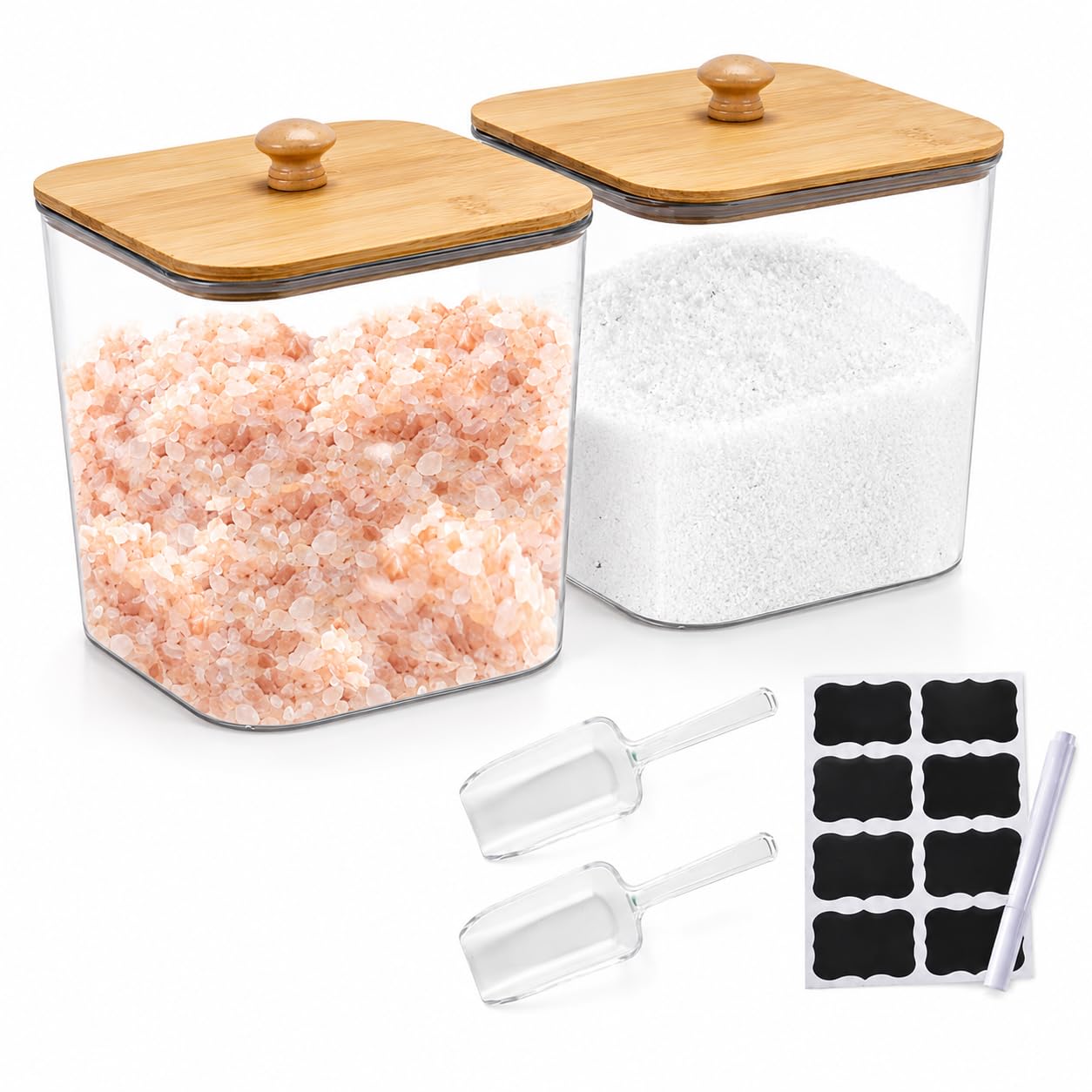 Yomjarl Bath Salt Container,2 Pack Clear Plastic Storage Bathroom Canisters with Wooden Lids & Handle,Airtight Bath Salt Dispenser Jars for Bathroom Organization Accessories,Bathtub Decor Box