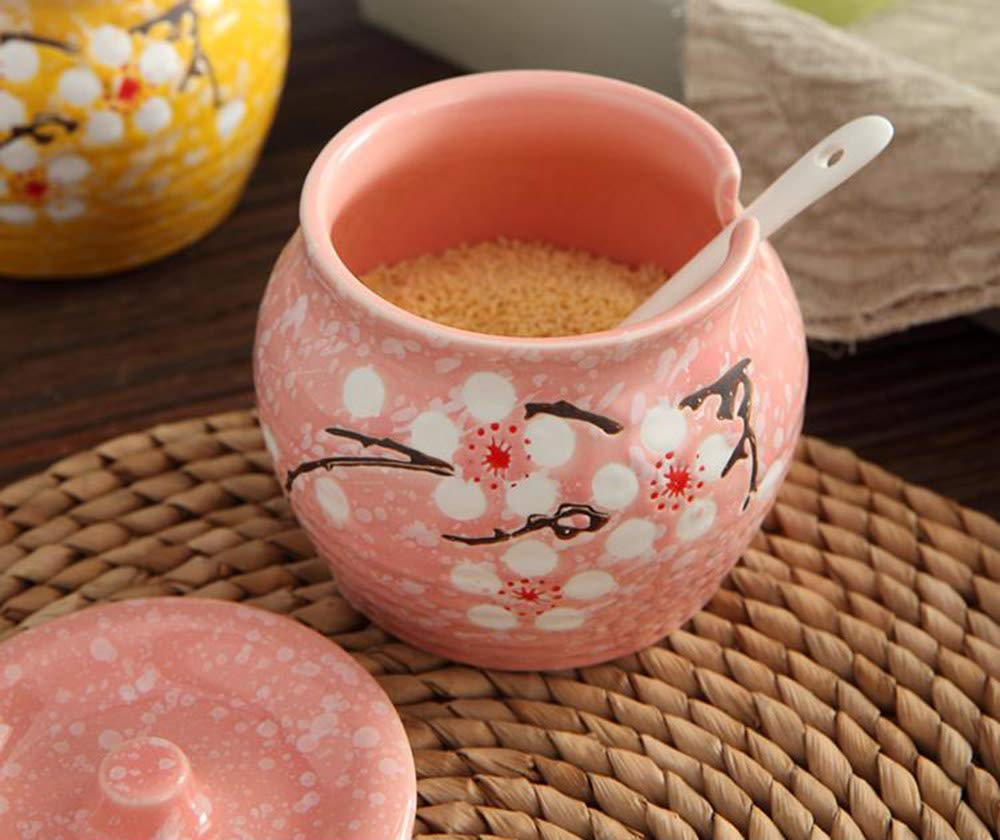 Ceramic Flower Sugar Bowl Seasoning Pot Salt Storage Jar with Lid Spoon