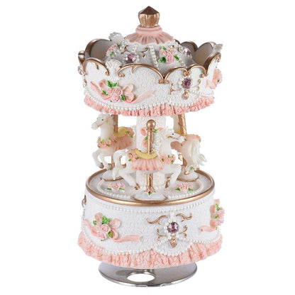 Carousel Music Boxes for Girls 3-Horse Rotating Windup Melody Castle in The Sky Color Change LED Lights Musical Gift for Daughter Birthday Christmas Festival Music Box Artware Pink