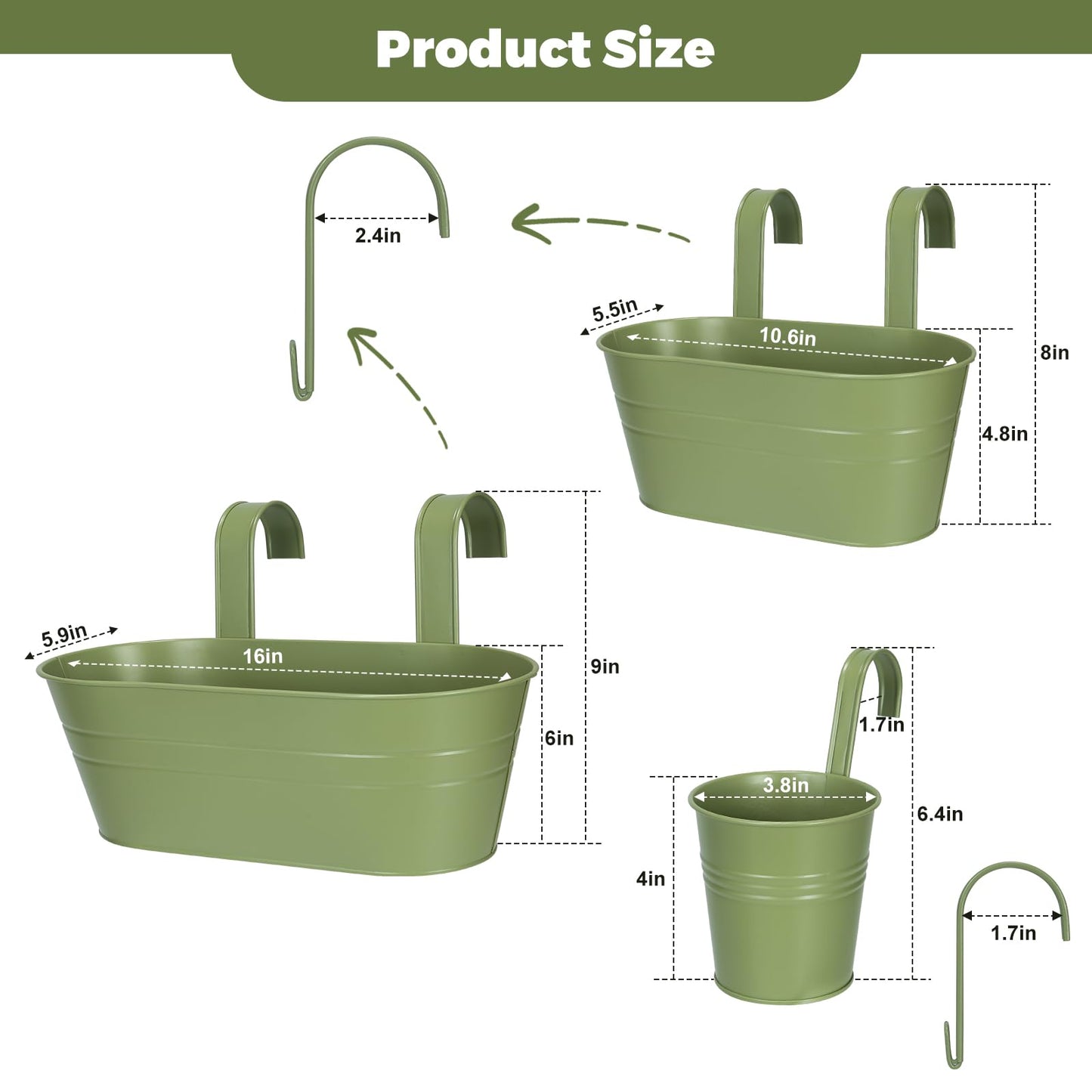 3 Different Size Metal Iron Hanging Flower Pots 10 Pcs for Outdoor Plants Metal Hanging Bucket Pots Iron Railing Fence Planter with Drainage Holes and Hooks for Porch Railing Balcony Fence (Green)