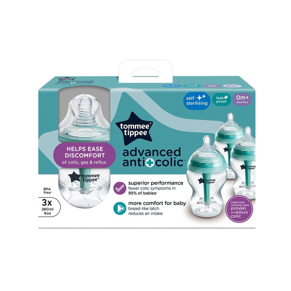 Tommee Tippee Advanced Anti-Colic Baby Bottles for 0m+, Pack of 3 260ml Baby Bottles, with Slow Flow Breast-Like Teat for a Natural Latch, Self-Sterilising and BPA Free, Baby Feeding Essentials