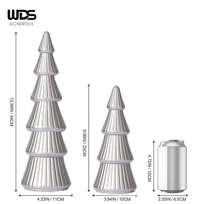 WONDROUS' DECO Wooden Christmas Tree Figurine, Tabletop Silver Tree Figurine, Set of 2 Desk Centerpieces for Christmas Decor