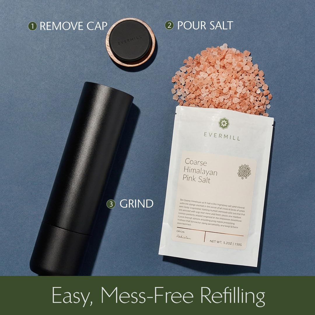 Evermill Salt Mill – Premium Adjustable Salt Grinder with Ceramic Grinder Core – Refillable Manual Salt Grinder with Himalayan Pink Salt – Anodized Aluminum (Silver)