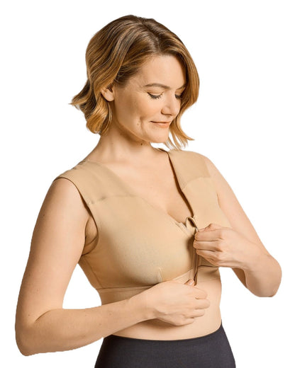 Tommie Copper Shoulder Support Compression Bra with Front Zipper Closure - Wireless Posture Corrector & Back Support Bra, Ideal for Gardening, Yoga, and Sports, UPF 50 - Nude, XX-Large
