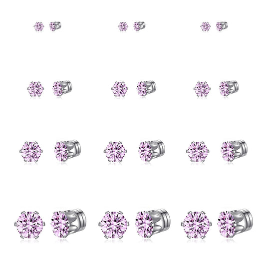 Spiritlele 12 Pairs Purple Small Big Cubic Zirconia Magnetic Earrings Clip on Non Piercing Earrings Set Unisex 4MM-7MM