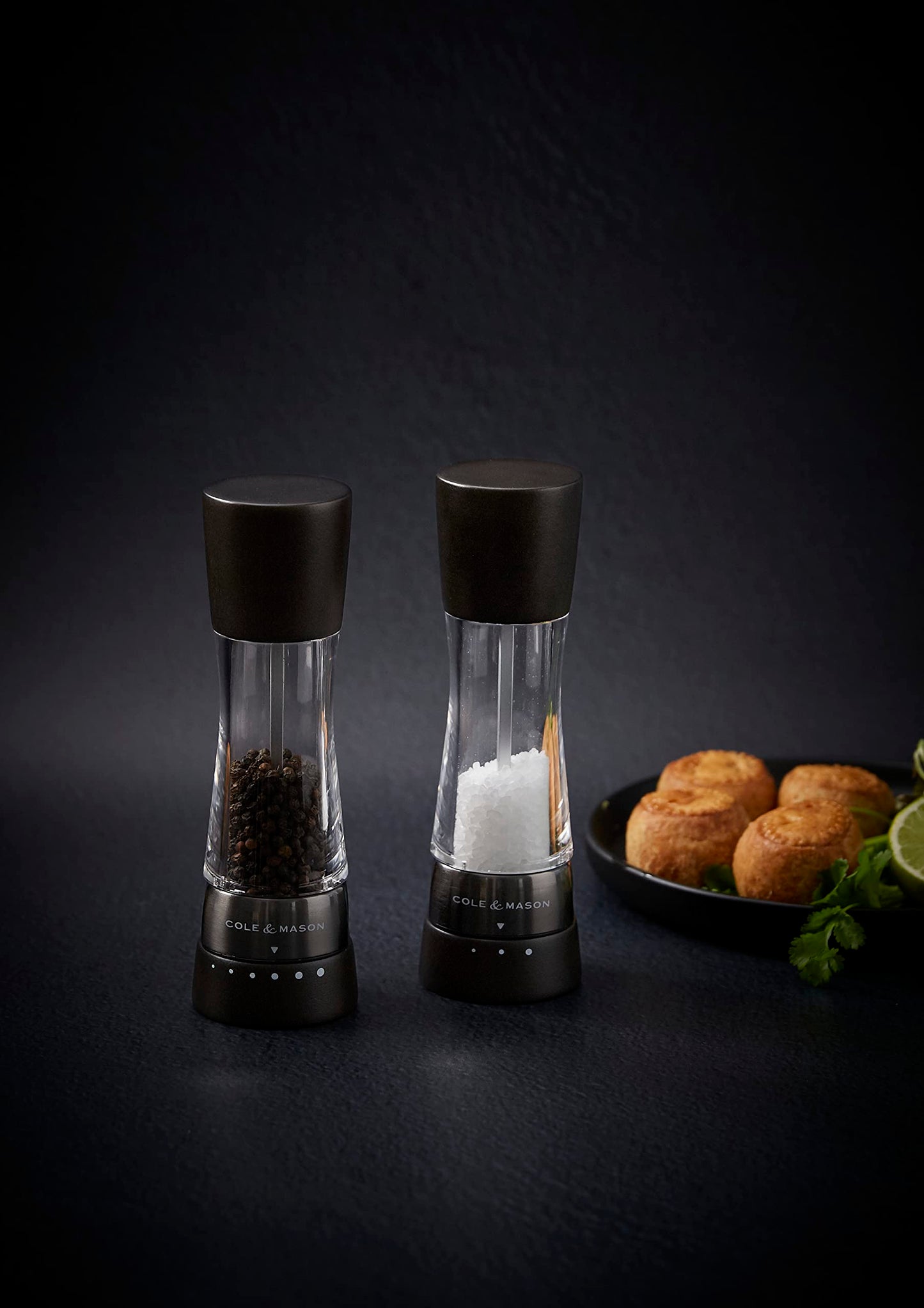 Cole & Mason H332293 Derwent Black Wood Salt and Pepper Mills, Gourmet Precision+, Adjustable Grind, Stained Beech/Acrylic, 190 mm, Gift Set, Includes 1 Salt and 1 Pepper Grinders