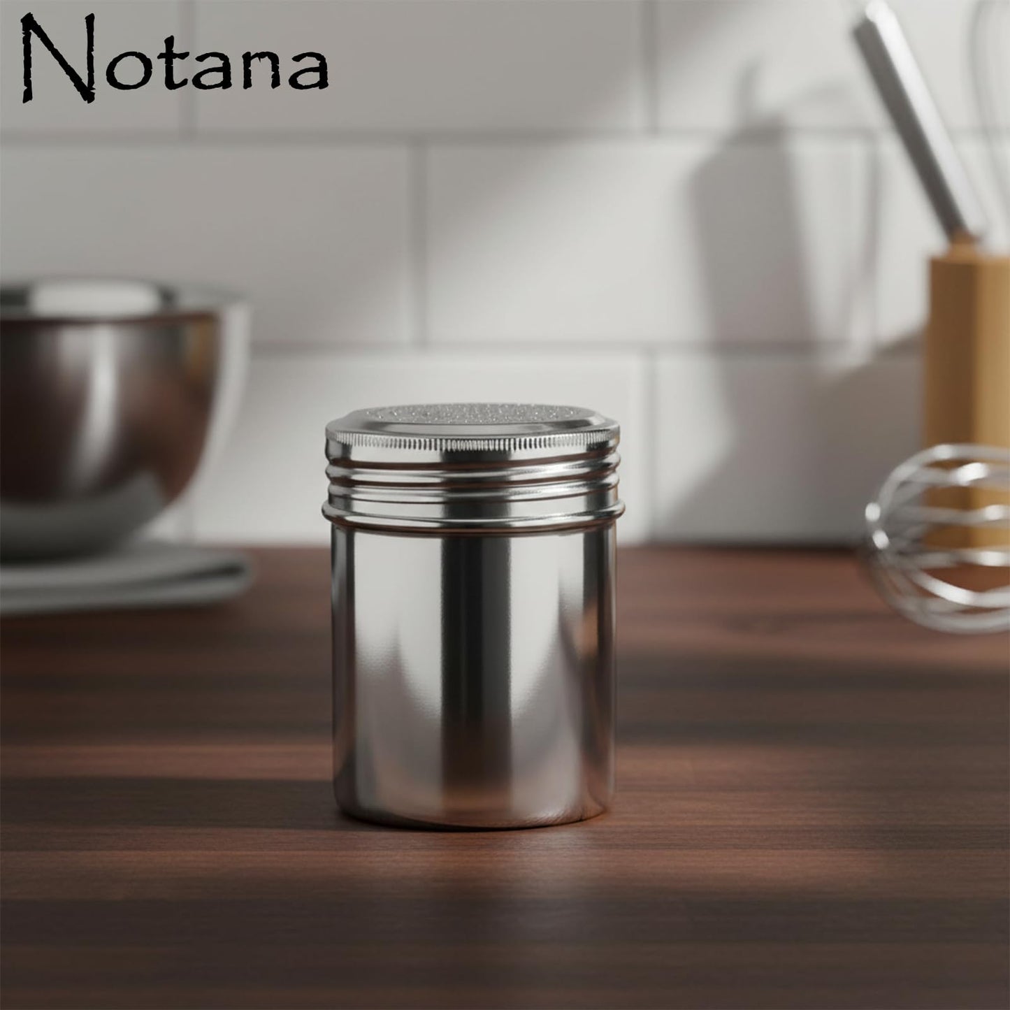 Notana 10 Ounce Stainless Steel Dredge Shaker (2 Pack) for Powder Sugar, Flour Duster for Baking, Seasoning Shaker with Lid, Metal Salt and Pepper Shakers, Cinnamon Sugar Shaker Dispenser for Kitchen