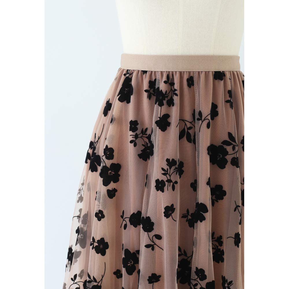 CHICWISH Women's Caramel 3D Posy Double-Layered Mesh Midi Skirt, Size S-M