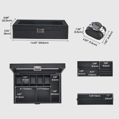 ProCase Men's Jewelry Box, 5-Slot Wood Watch Display Case Jewellry Storage Organizer for Sunglasses Rings Accessories with Hidden Compartment, Watch Holder with Glass Lid, Gift for Men -Black