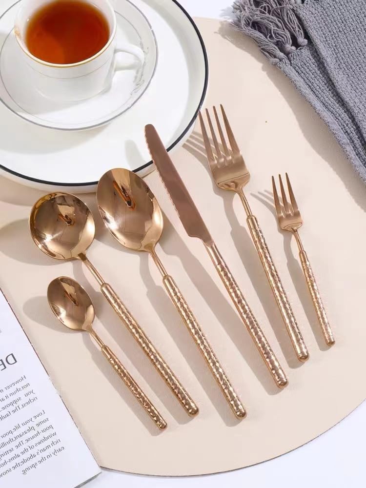24pcs Rose Gold Silverware Set Cutlery Flatware Set for 4 Utensils Sets Stainless Steel Flatware Sets Premium Spoons And Forks Set Kitchen Restaurant Banquet Wedding Christmas, Hammered Handle