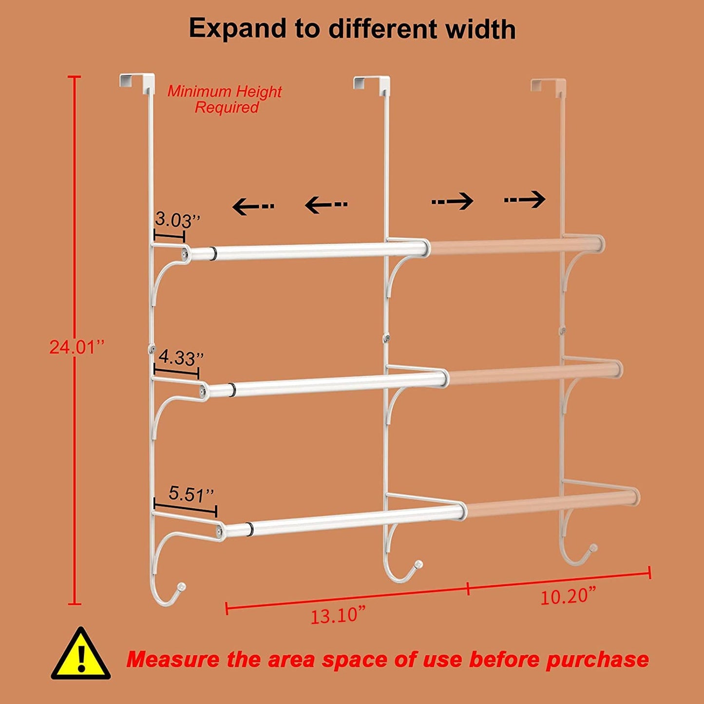 AULEDIO Adjustable Over The Door Triple Towel Rack with Hooks,White