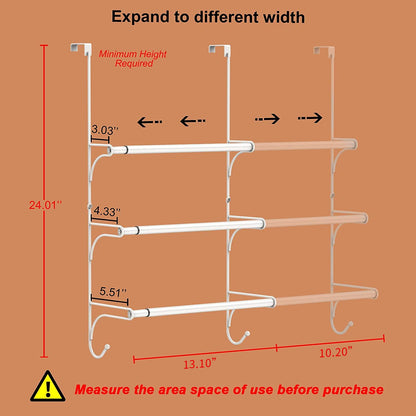 AULEDIO Adjustable Over The Door Triple Towel Rack with Hooks,White