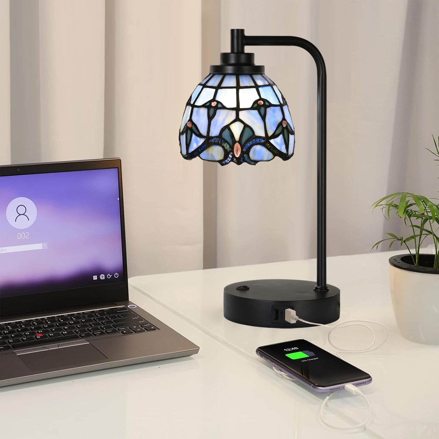 HomeBeauty TL0016 Tiffany Style Stained Glass Table Lamp with USB Charging Ports, Desk Lamp with Blue Baroque Lamp Shade, Retro Nightstand H 14.5" for Bedroom Office, LED Bulb Included (Blue)