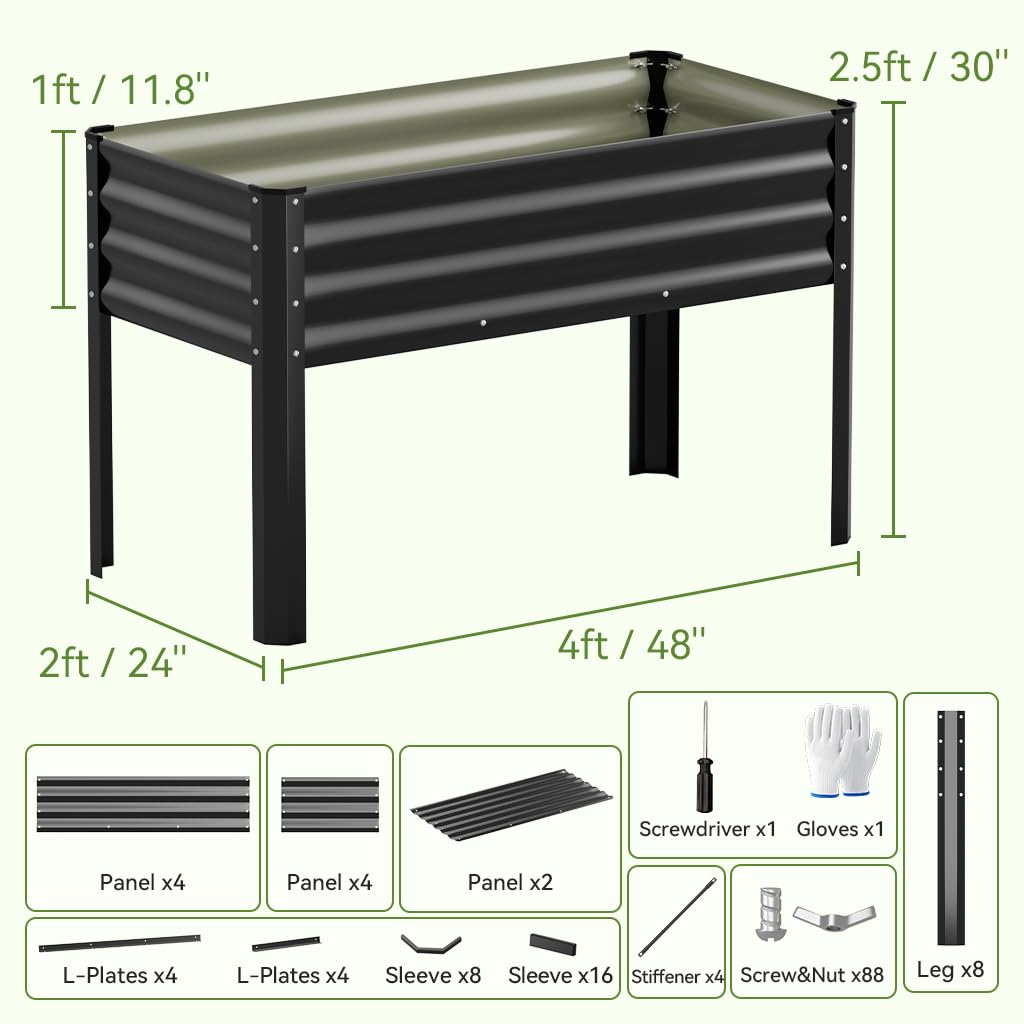 COMHOMA 2 Pack Raised Garden Bed with Legs 4x2x2.5ft,Large Elevated Galvanized Metal Planter Box with Drainage Holes,Outdoor Growing Kit with Gloves Tools for Backyard Patio Lawn,Black