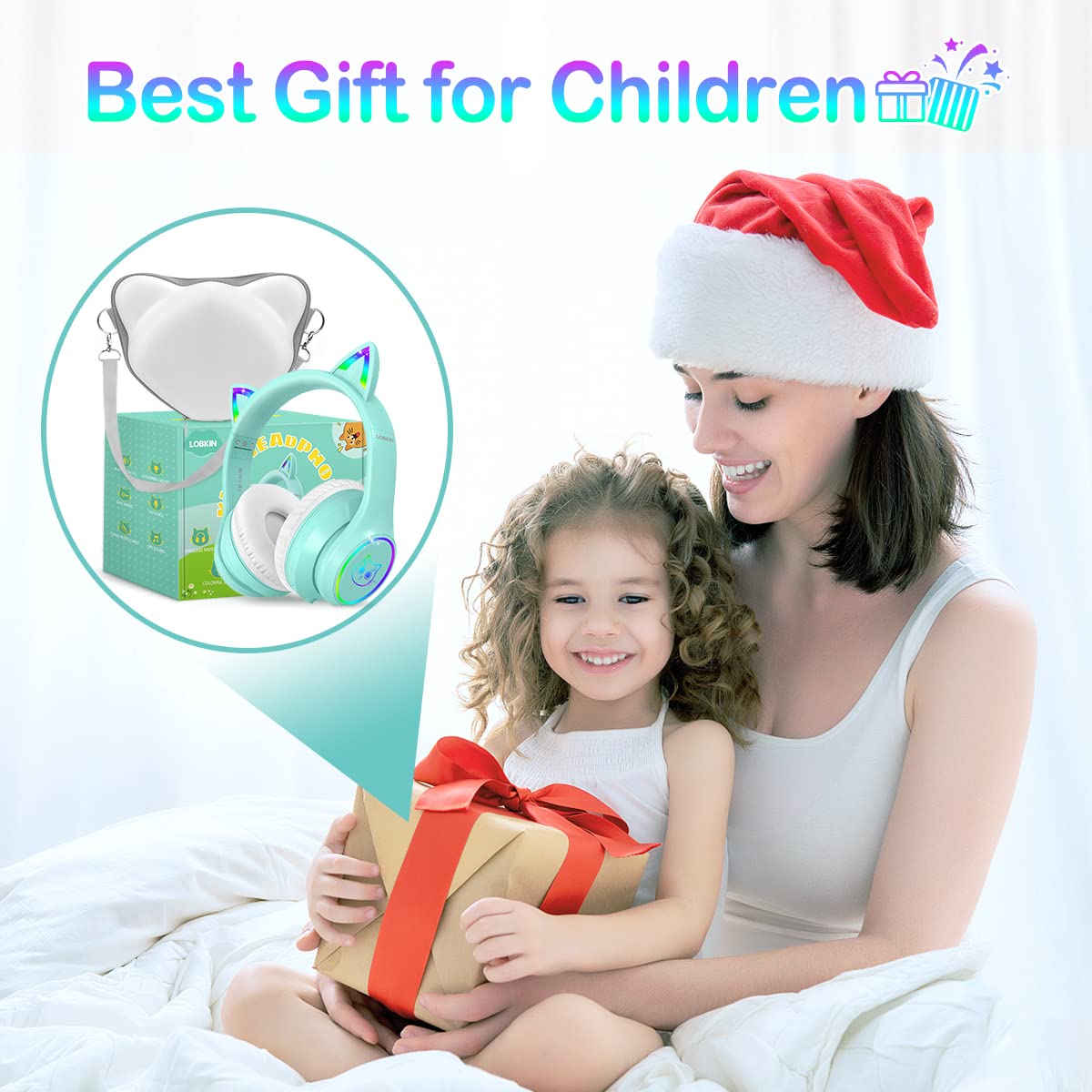 LOBKIN Bluetooth 5.4 Kids Headphones with Case - RGB LED Light Up Cat Ears Foldable Adjustable Over Ear Headphone Support Wireless or 3.5mm Wired Mode for Toddler & Girls & Boys Teens