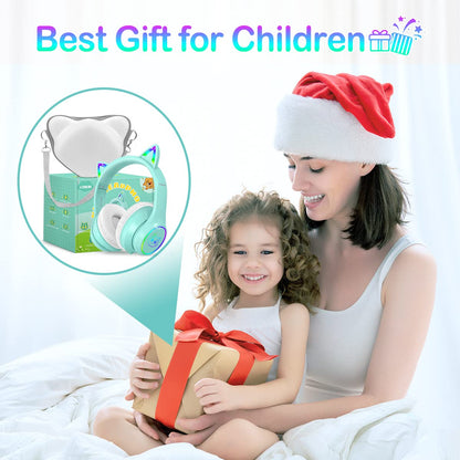 LOBKIN Bluetooth 5.4 Kids Headphones with Case - RGB LED Light Up Cat Ears Foldable Adjustable Over Ear Headphone Support Wireless or 3.5mm Wired Mode for Toddler & Girls & Boys Teens