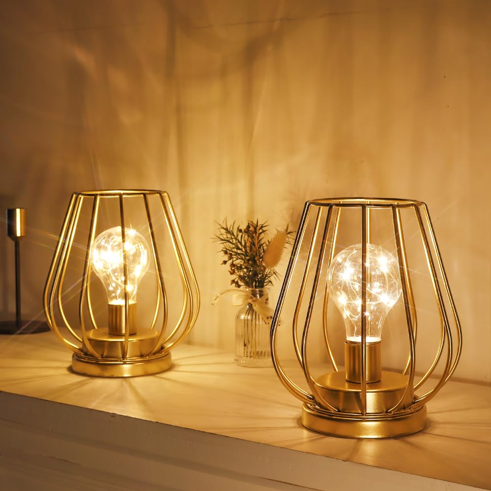 TRIROCKS Set of 2 Metal Battery Operated Lamp 7'' Tall Mini Cage Shape Cordless Table Lamp Battery Lanterns with Warm Fairy Lights Bulb for Patio Garden Wedding Parties Indoor Outdoor(Gold)