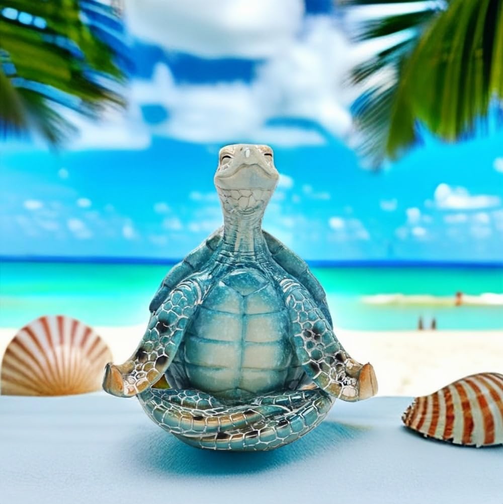 VVGIFTS Sea Turtle Meditation Yoga Decor, Garden Figurine Sea Turtle Meditating Coastal Beach Decorations, Zen Yoga Resin Statue for Home Office Decorations (Put the Palm Separate)