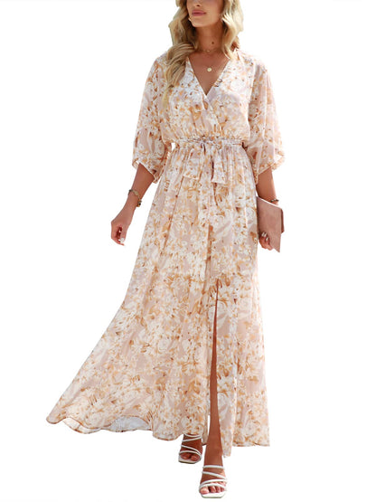 ANRABESS Womens 1/2 Sleeve Beach Wedding Guest Maxi Dresses 2025 Fall Wrap V Neck Boho Floral Flowy Slit Long Summer Dresses