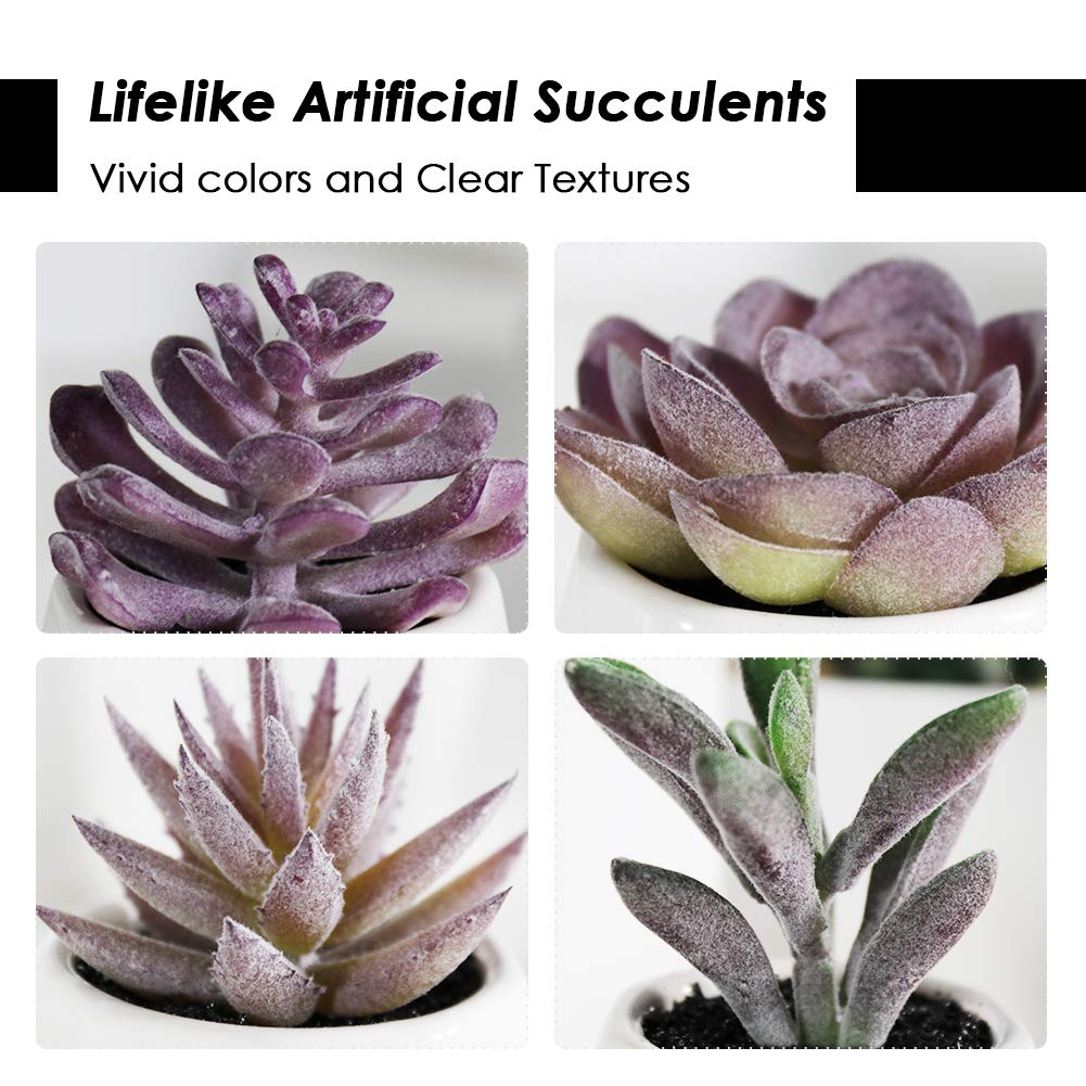 Tiita Purple Artificial Faux Succulents in Pots, Mini Purple Fake Plants for Women Desk, Small Realistic Faux Succulents for Home Office Accessories Window Sill Bathroom Bedroom 4 Set