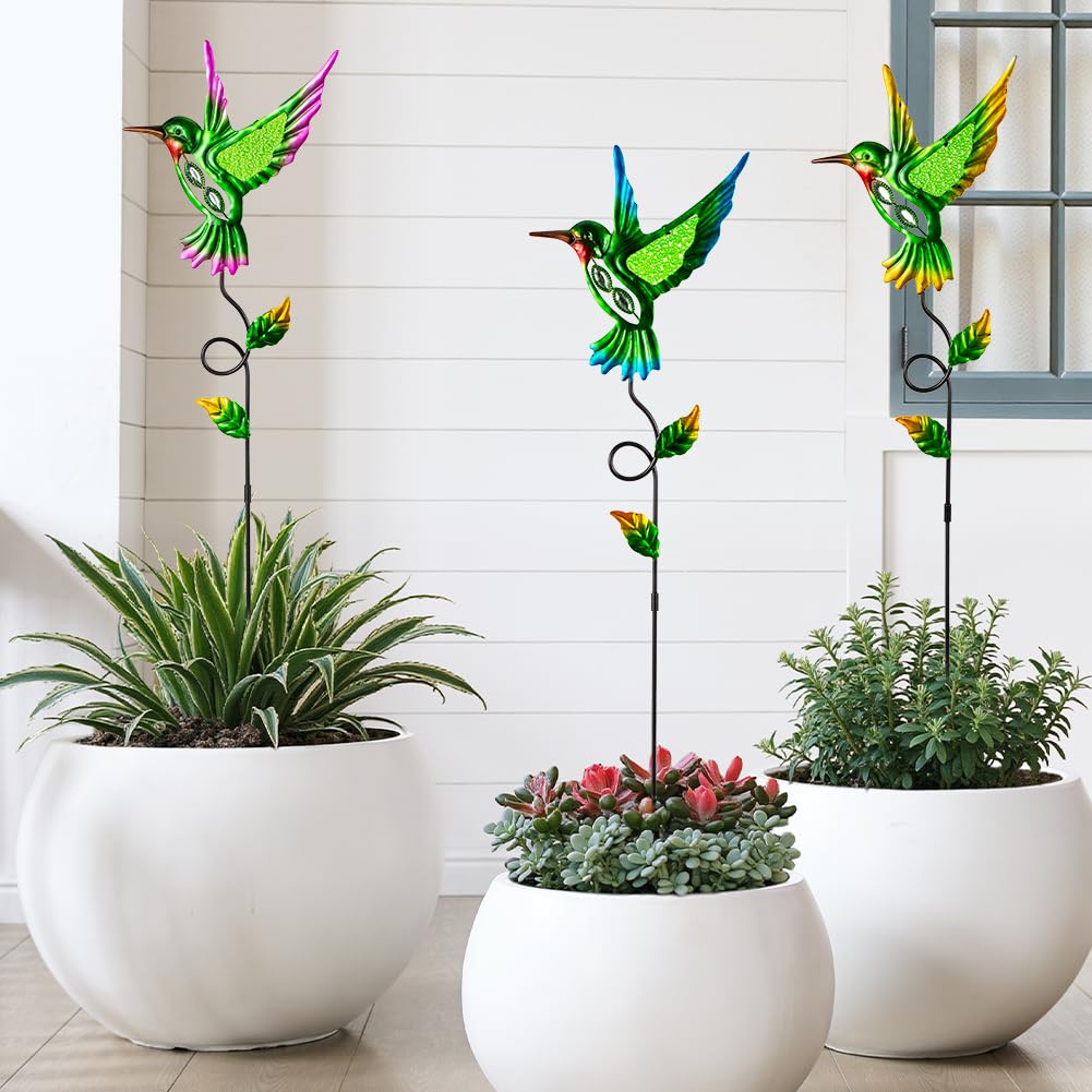 Venniy 3 Pcs Hummingbird Decorative Garden Stakes,Metal Yard Art for Lawn Pathway Patio Plant Pot Flower Bed Ornaments Spring Outdoor Decor