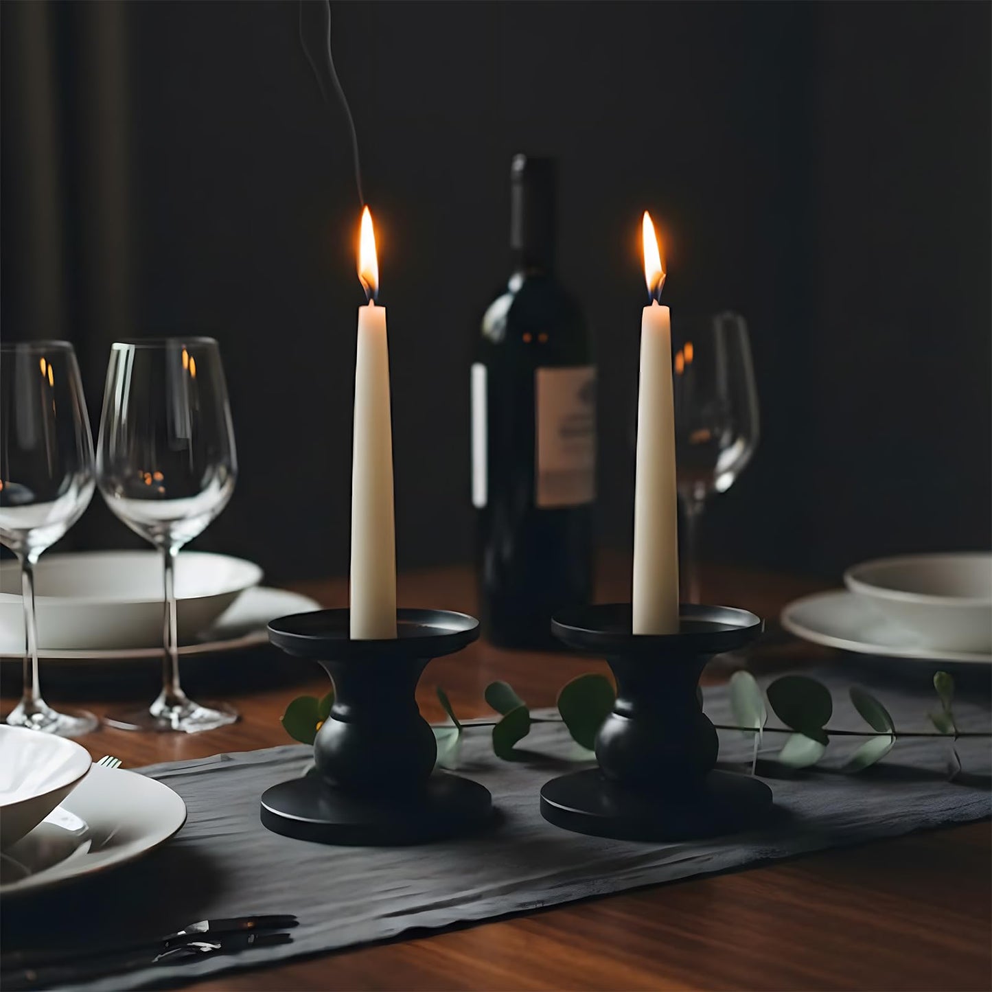 Matte Black Iron Pillar Candle Holders, 2pcs Reversible Design for Pillar & Taper Candles, Living Room Dining Table Fireplace Decor, Meditation, De-Stress, Romantic Ambiance