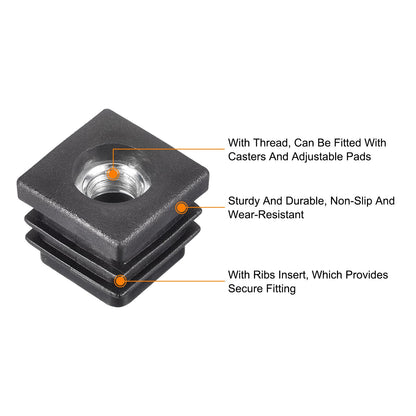 uxcell 4Pcs Inserts for Tubes with M8 Thread, for 0.79"x0.79" OD Square Tube, Square Black Plastic Plug Caster Insert Chair End Caps Furniture Leg Plug
