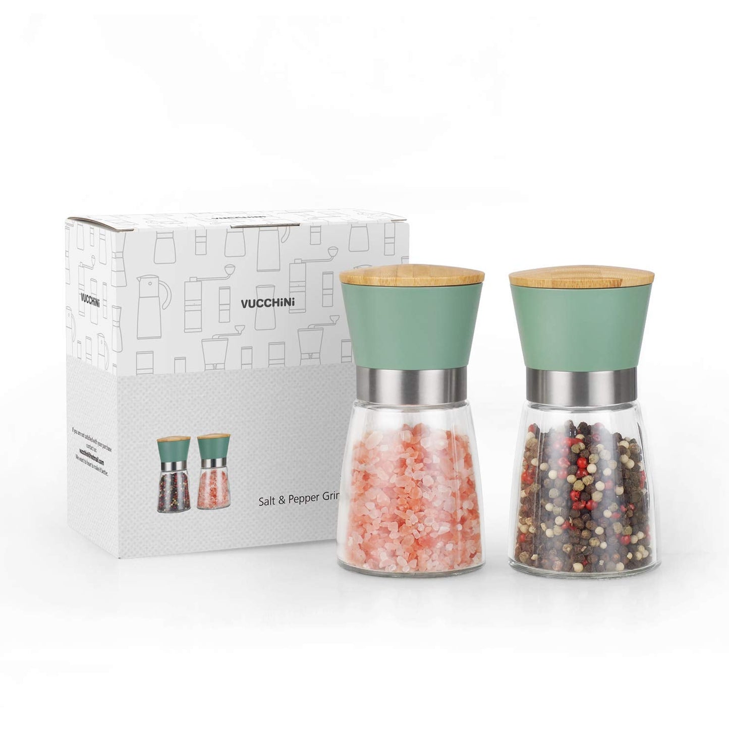 VUCCHINI Salt and Pepper Grinder Set Bamboo Lid- Adjustable Coarse Salt and Pepper Mills - Refillable Ceramic Burr Kitchen Gift Manual Spice Grinder Green