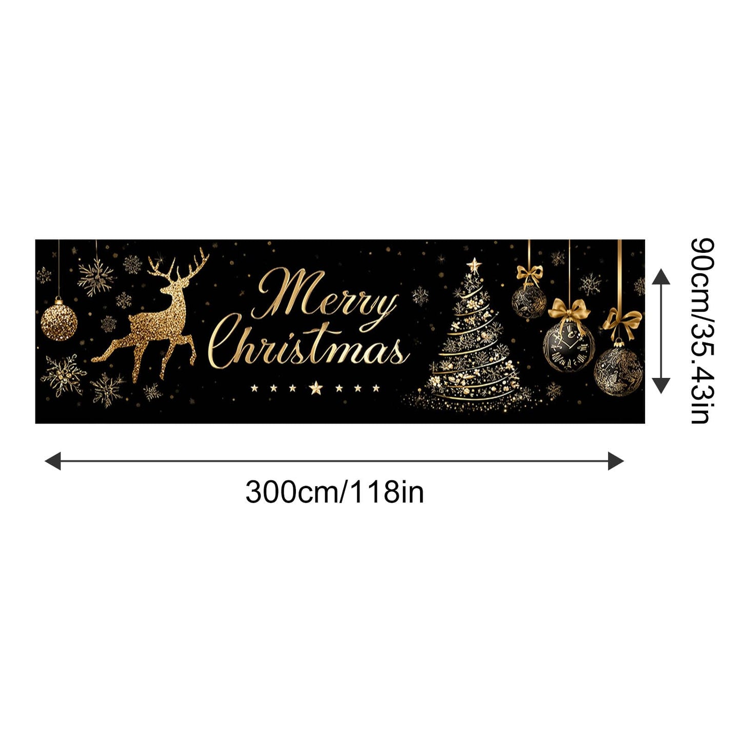 HOMETITUTE Large Merry Christmas Banner 118x35 Inch Black Gold Christmas Banner with Reindeer Tree and Ornaments for Holiday Party Wall Yard Garden Indoor Decoration Backdrop Display