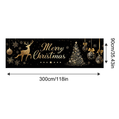 HOMETITUTE Large Merry Christmas Banner 118x35 Inch Black Gold Christmas Banner with Reindeer Tree and Ornaments for Holiday Party Wall Yard Garden Indoor Decoration Backdrop Display