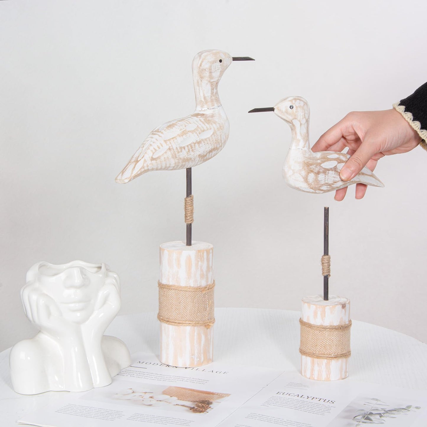EVINIS Wooden Sea Birds Statues Coastal Decor, White Seagull Statues for Nautical Coastal Beach Ocean Home Decoration