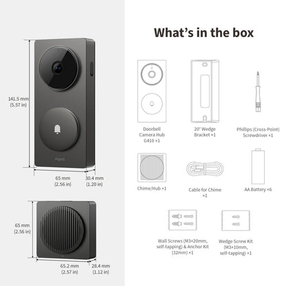 Aqara Smart Doorbell Camera G410 with Chime, 2K, HomeKit Secure Video, 2-Way Audio, Built-in Matter Hub, Wireless/Wired, Supports Apple Home, Alexa, Google, Home Assistant, 2.4G/5GHz Wi-Fi, Gray