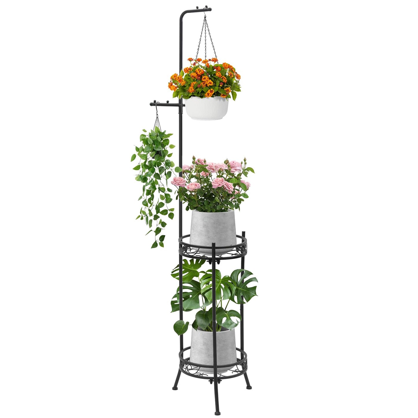 CZWL&HG Hanging Plant Stand Adjustable 2-Tier 72" Metal Shelf -Tall Indoor/Outdoor Plant Rack with Hangers for 4 Potted Flowers, Corner Shelf for Living Room & Patio (Black)