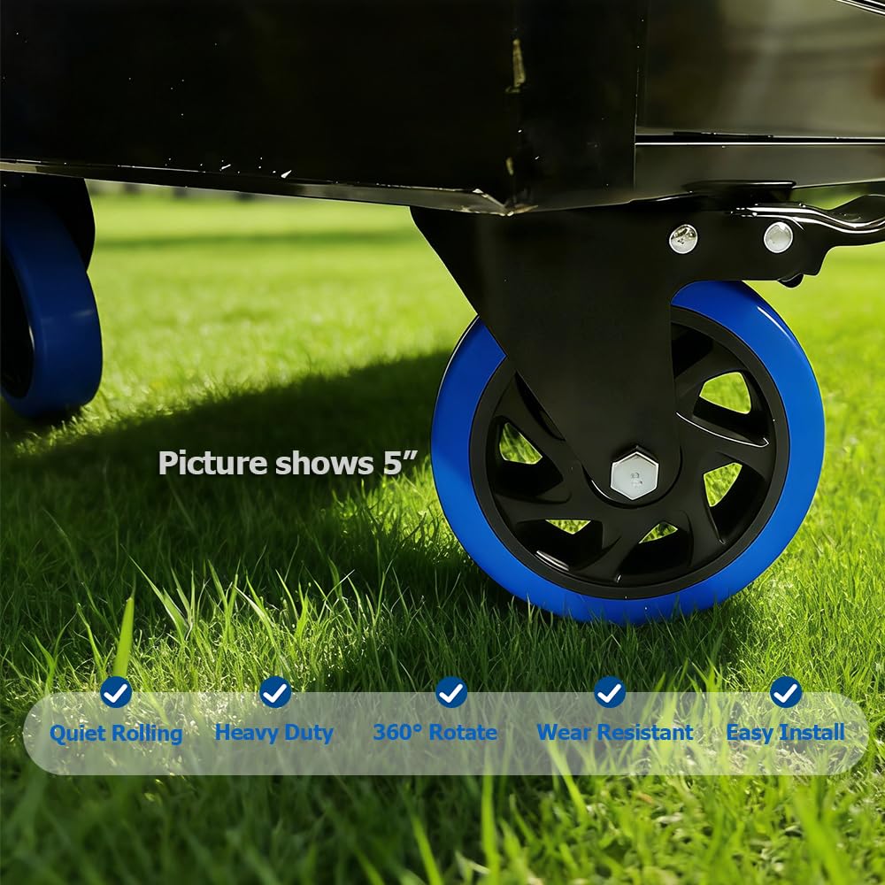 5 Inch Caster Wheels, Casters Set of 4 Heavy Duty with Brake, Safety Dual Locking Casters, No Noise Wheels with Polyurethane Foam, Load 2400LBS (Two Hardware Kits Included)
