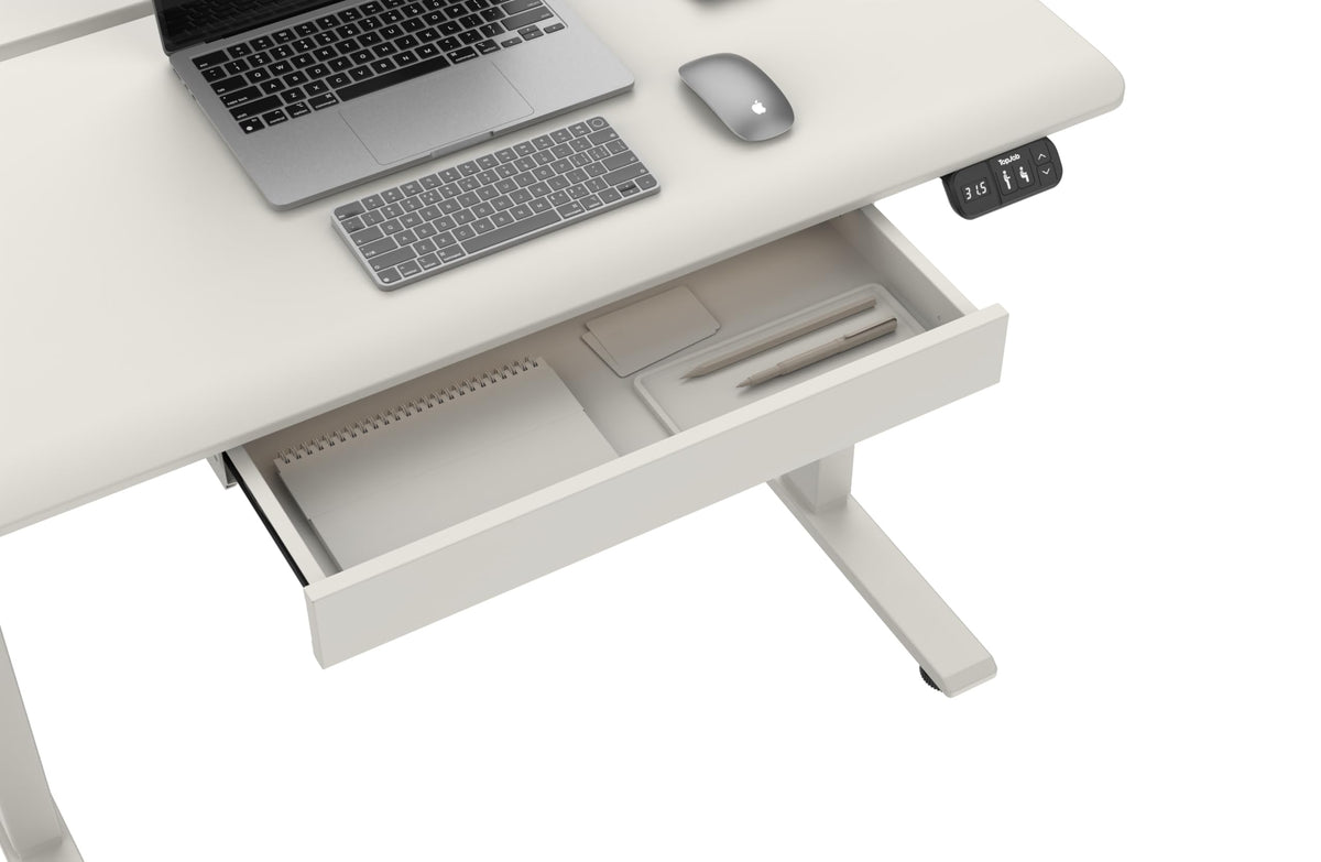 TopJob AnyDesk Hub Electric Standing Desk, Height Adjustable Small Desk with Built-in Drawer & Wide Desktop Wire Slot & Cable Management, Curved Waterfall Edge, 2 Memory Settings (Mint)