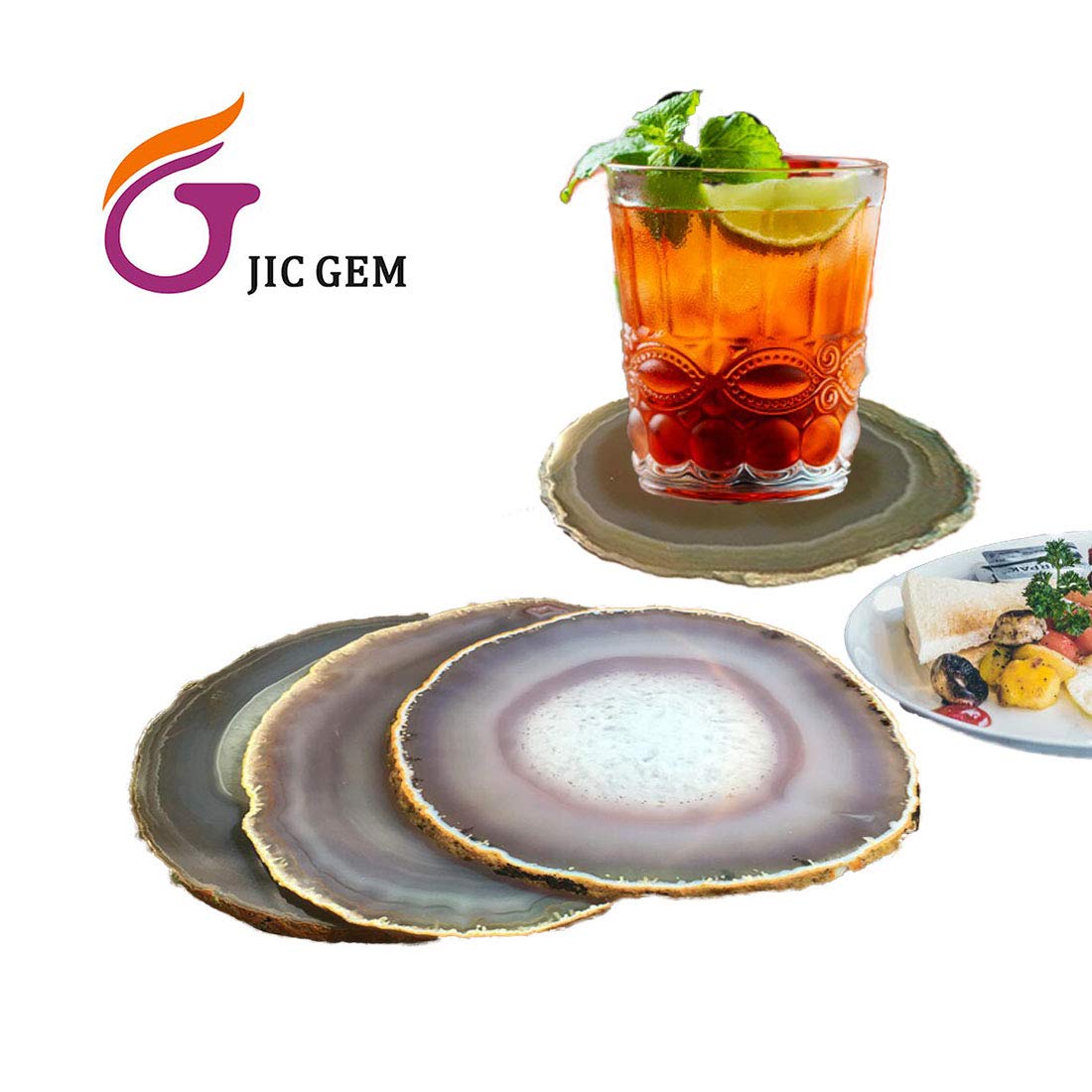 JIC Gem Natural Sliced Agate Coaster with Rubber Bumper Set of 4 (3.5-4", Natural)