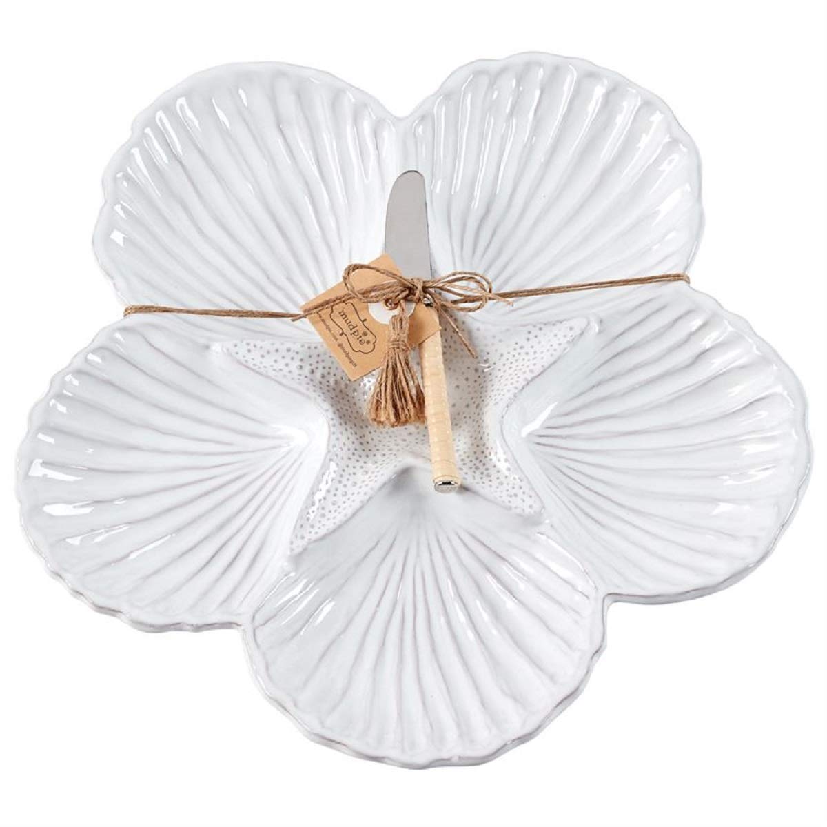 Mud Pie Shell Sectional Platter, 2 Piece Set, White, platter 12" dia | spreader 5 1/2", Seashell