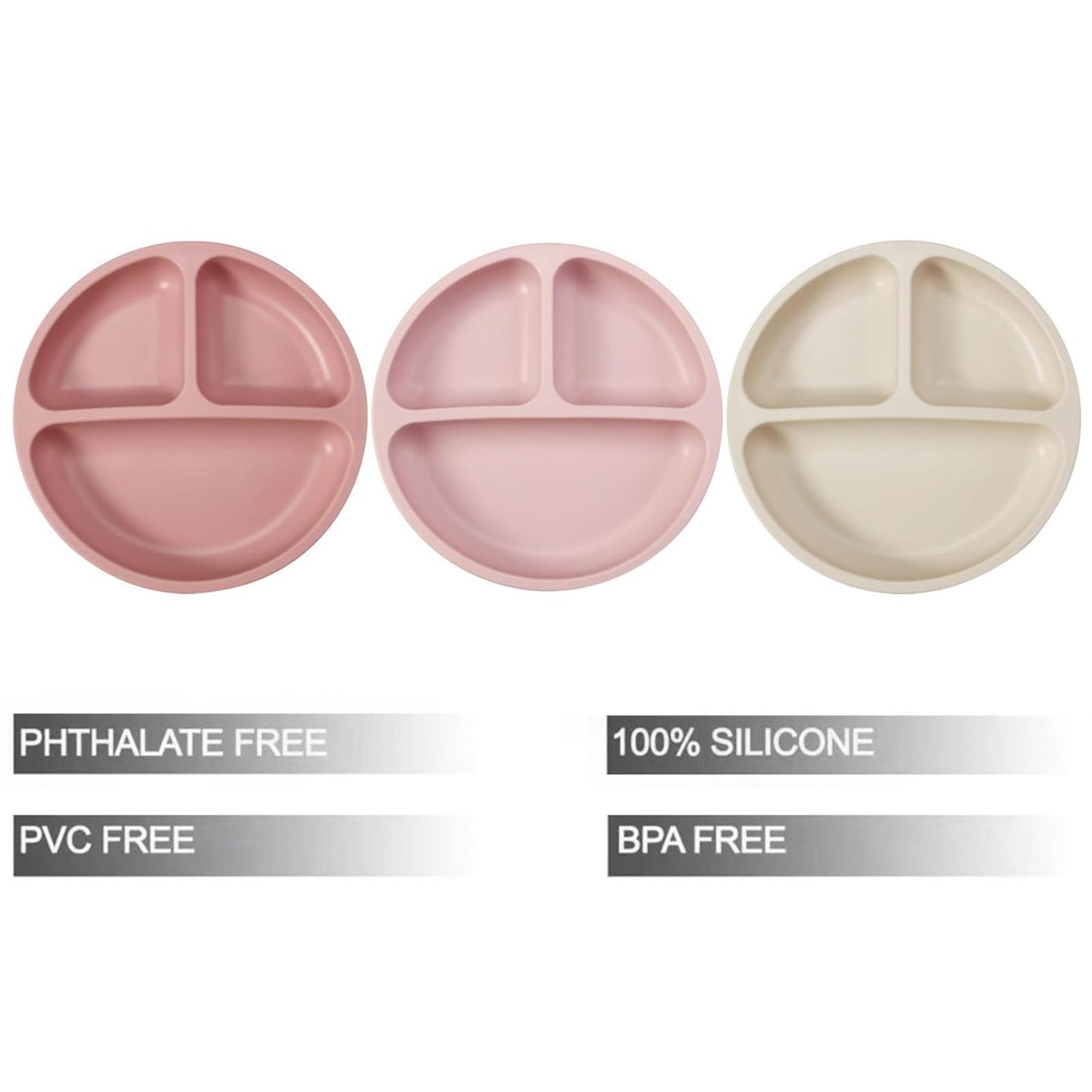 PandaEar 3 Pack Toddler Plates, Silicone Divided Suction Plate for Babies, BPA-Free 100% Food-Grade Silicone Unbreakable Baby Plate (Pink/Linen/Light Pink)