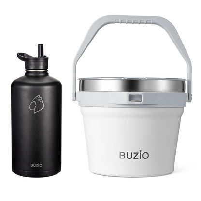BUZIO Gallon Water Bottle Insulated with straw, 7 L Insulated Ice Bucket with Lid and Scoop & Tongs for Parties, Double Wall Vacuum Stainless Steel, Holds 6 Longnecks or 3 Wine Bottles, Large Beverage