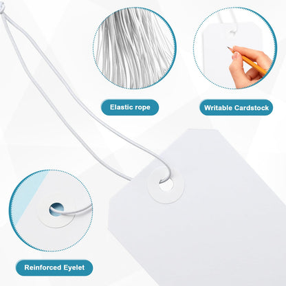 100 Pack White Shipping Tags with Elastic String Blank Labeling Tags with Strings Attached, 4 3/4" x 2 3/8"